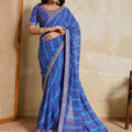Blue Georgette Saree with Golden Embroidered Border Designer Blouse