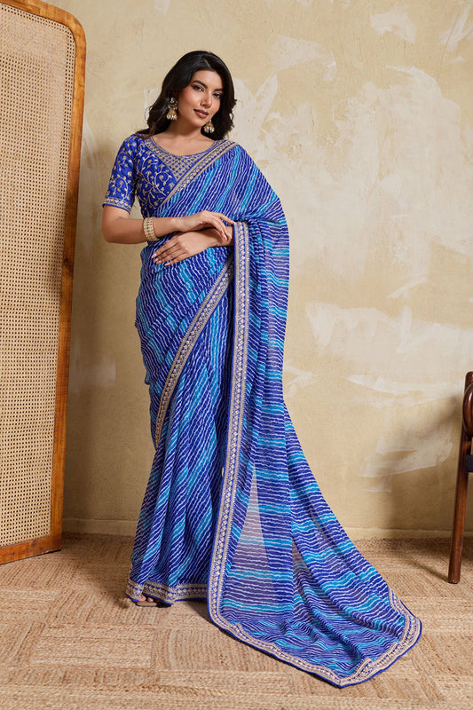 Blue Georgette Saree with Golden Embroidered Border Designer Blouse