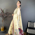 Off White Linen Cotton Saree Handcrafted Elephant Print Pallu