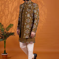Handsome Olive Green Floral Printed Indo Western Sherwani With Designer Jacket