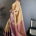 Golden Beige Purple Kanjivaram Silk Saree Traditional Banarasi Zari Wedding Saree