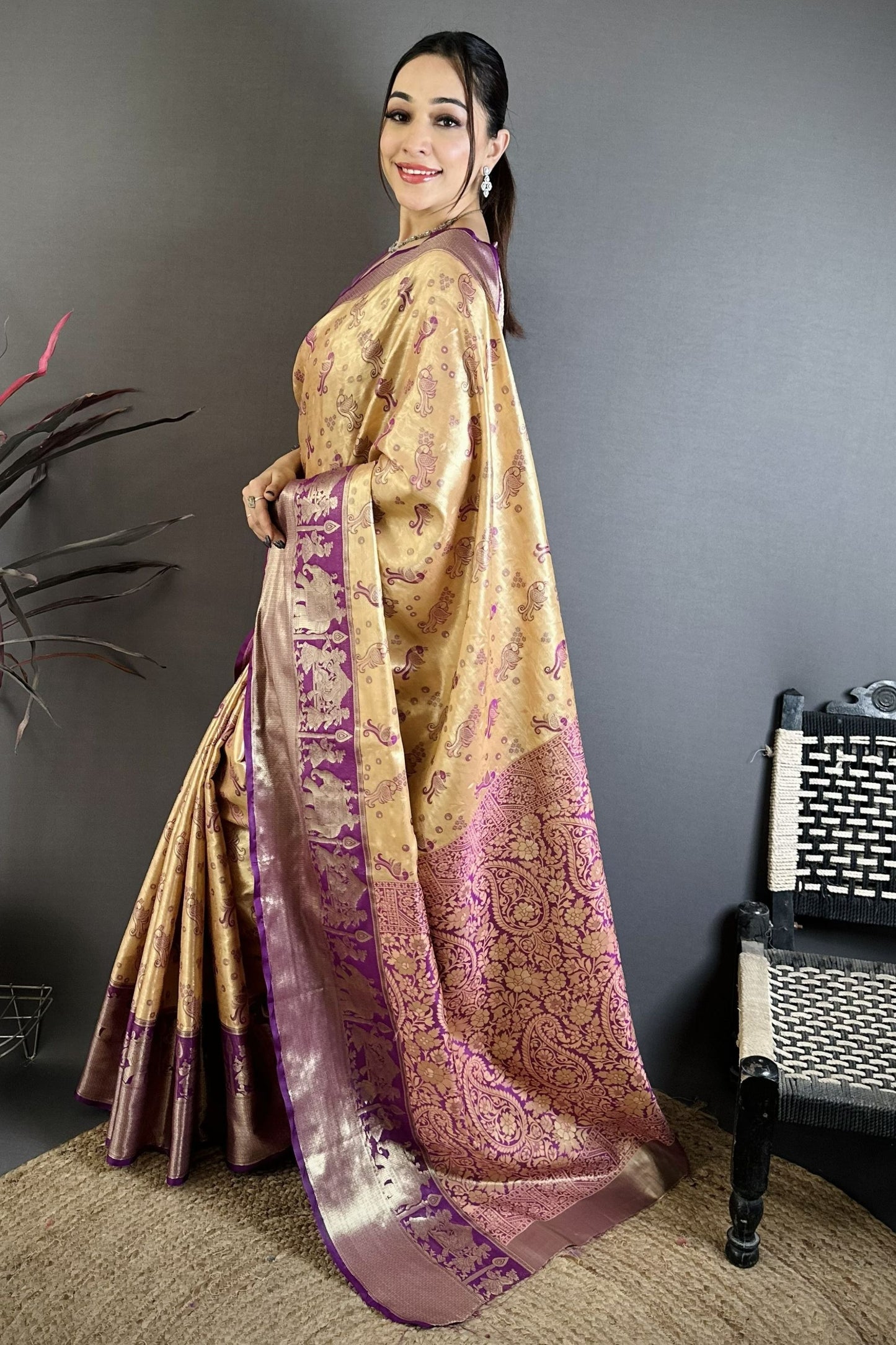 Golden Beige Purple Kanjivaram Silk Saree Traditional Banarasi Zari Wedding Saree