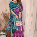 Purple And Teal Ikat Silk Saree with Traditional Weaving Saree