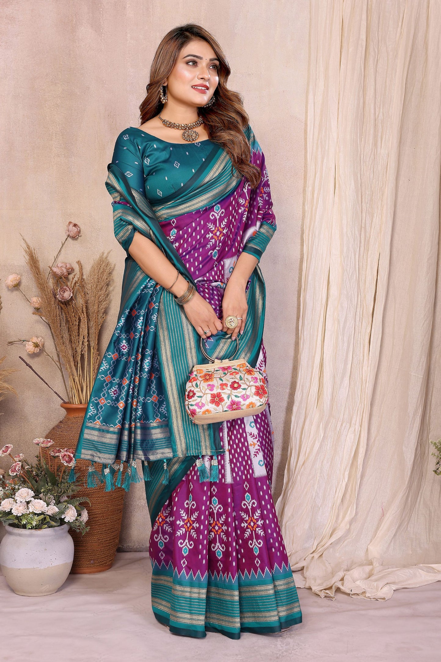 Purple And Teal Ikat Silk Saree with Traditional Weaving Saree