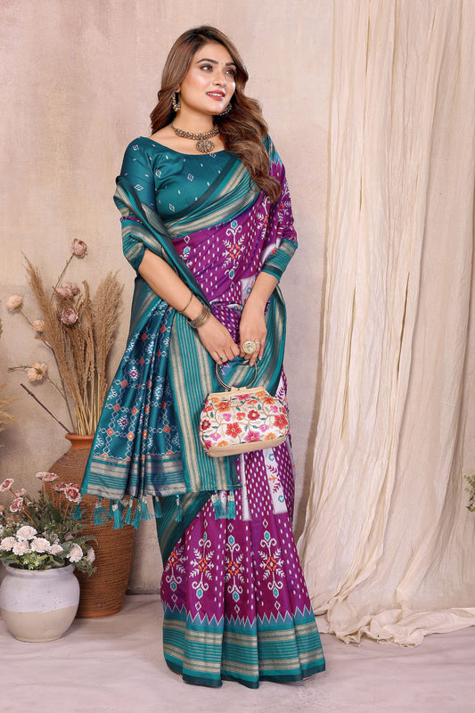 Purple And Teal Ikat Silk Saree with Traditional Weaving Saree