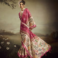 Pink Linen Silk Saree Floral Digital Print Designer Tassel Pallu