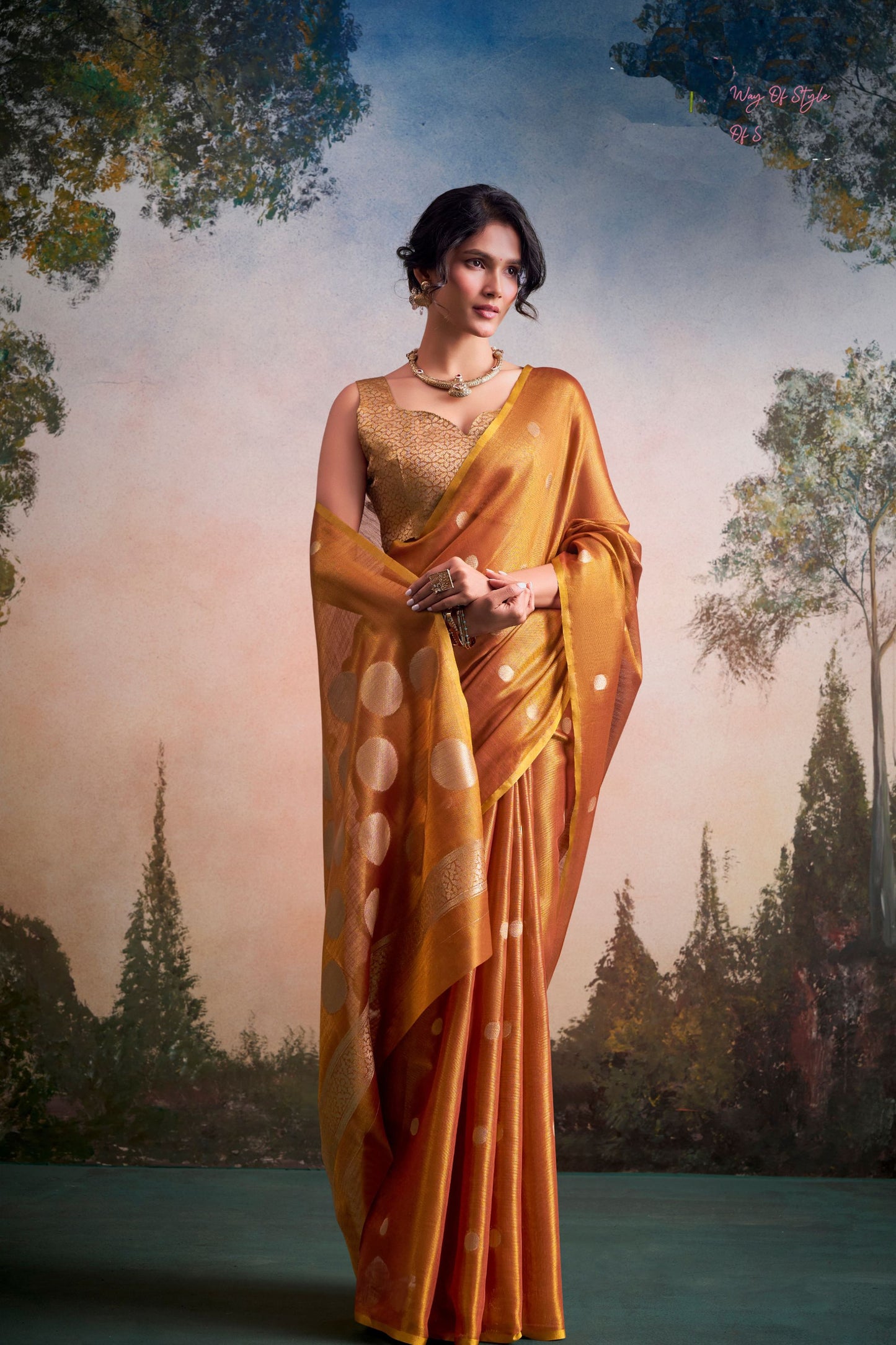 Golden Mustard Silk Saree with Zari Polka Dot Weaving Designer Saree
