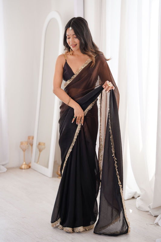 Black Organza Silk Saree with Designer Golden Lace Border