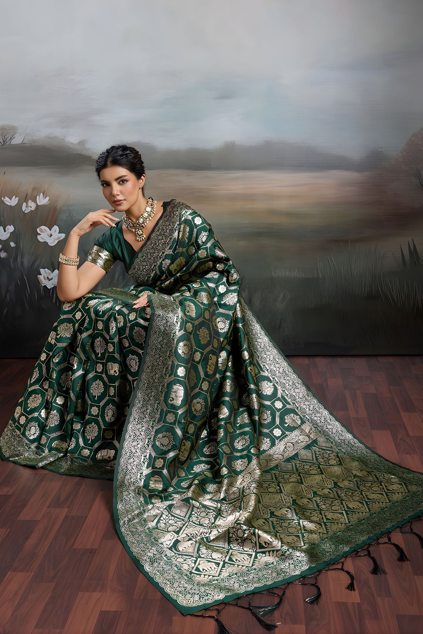 Bottle Green Banarasi Silk Saree Rich Gold Zari Weaving and Traditional Motifs