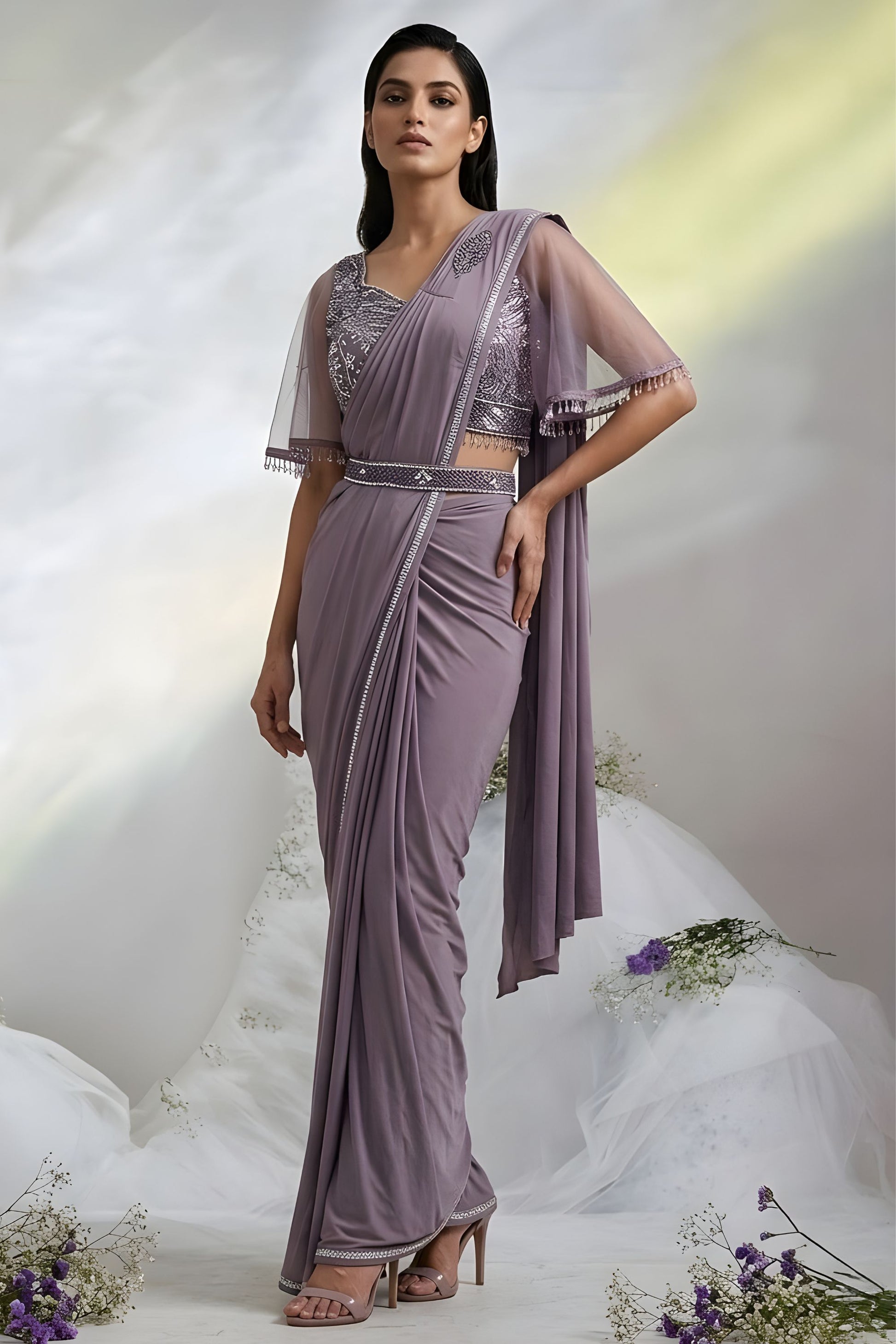 Mauve Ready to Wear Designer Saree with Embellished Blouse