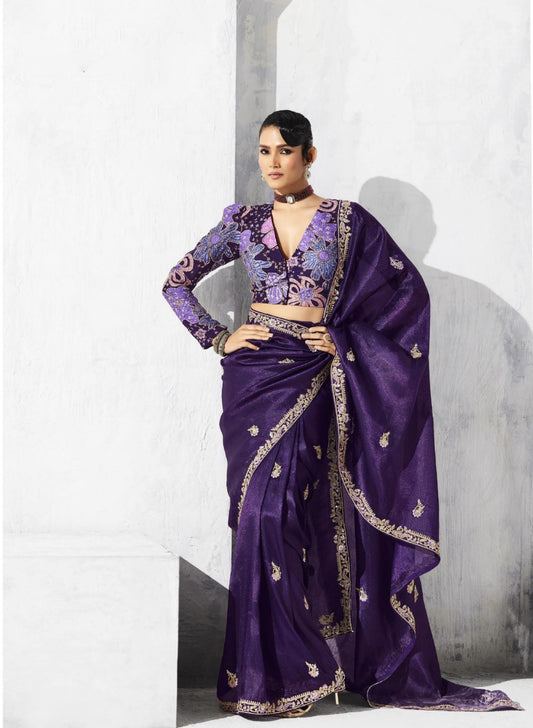 Designer Purple Silk Saree Blouse Party  Wear