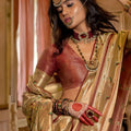 Golden Banarasi Silk Saree Red Border Floral Buti Weaving Traditional Wear Saree