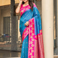 Elegant Sky Blue Silk Saree with Pink Contrast Border Floral Zari Work 