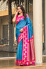 Elegant Sky Blue Silk Saree with Pink Contrast Border Floral Zari Work 