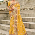 Mustard Yellow Embroidered Organza Silk Saree Designer Cutwork Border