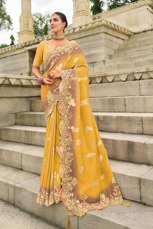 Mustard Yellow Embroidered Organza Silk Saree Designer Cutwork Border