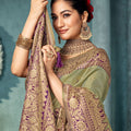 Olive Green Banarasi Silk Saree with Rich Zari Contrast Purple Border