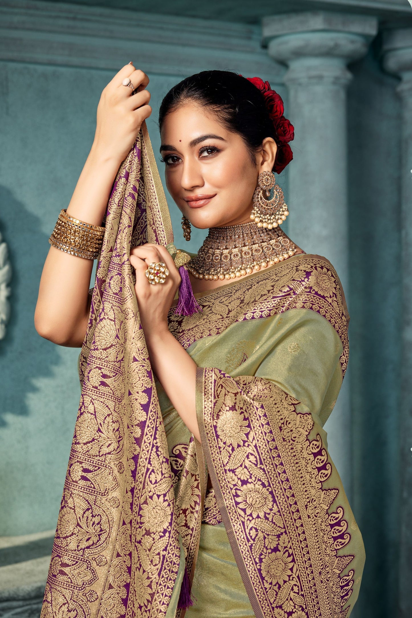 Olive Green Banarasi Silk Saree with Rich Zari Contrast Purple Border