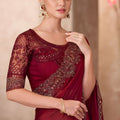 Wine Red Georgette Saree with Embroidered Border Designer Blouse
