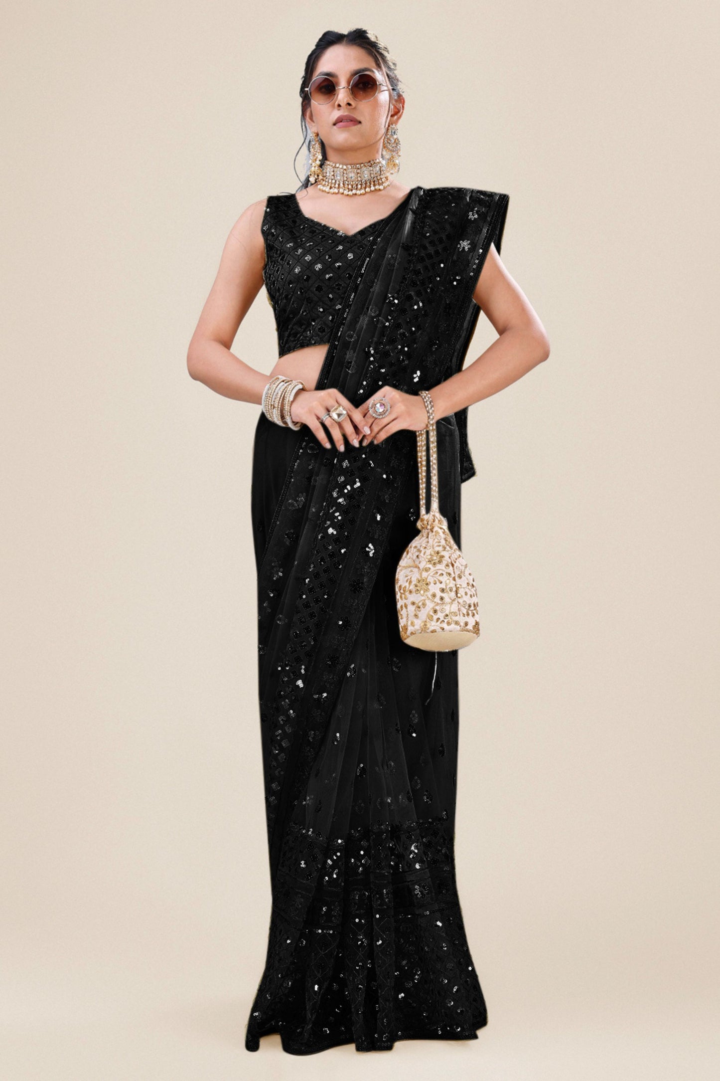Black Net Saree with Heavy Sequins Embroidery Designer Blouse