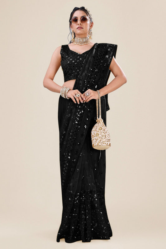 Black Net Saree with Heavy Sequins Embroidery Designer Blouse