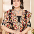 Black Net Embroidered Floral Designer Saree with Scalloped Border Blouse