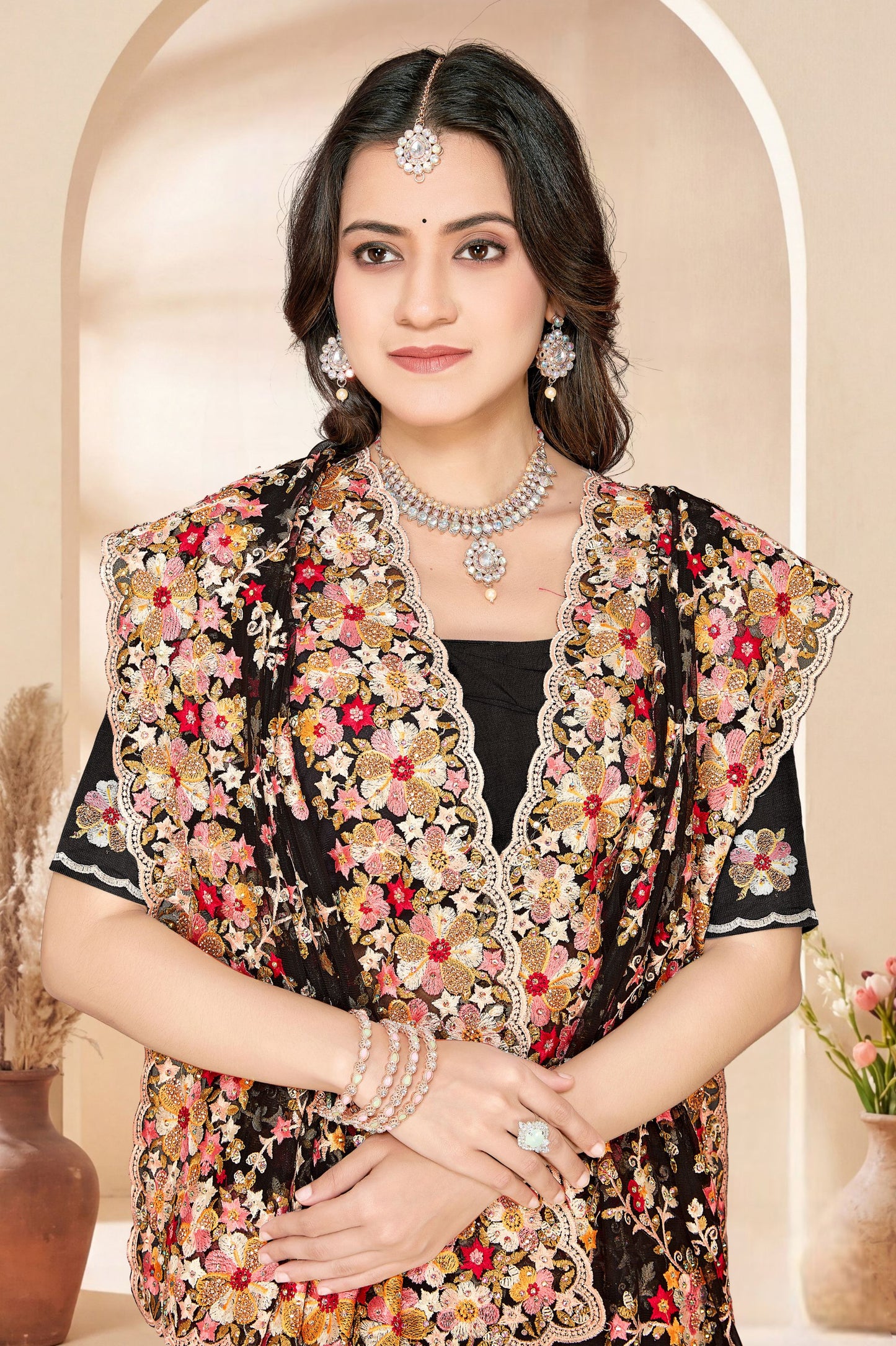 Black Net Embroidered Floral Designer Saree with Scalloped Border Blouse