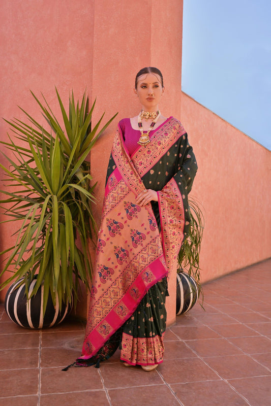 Premium Black and Rani Pink Banarasi Silk Saree and Contrast Pallu