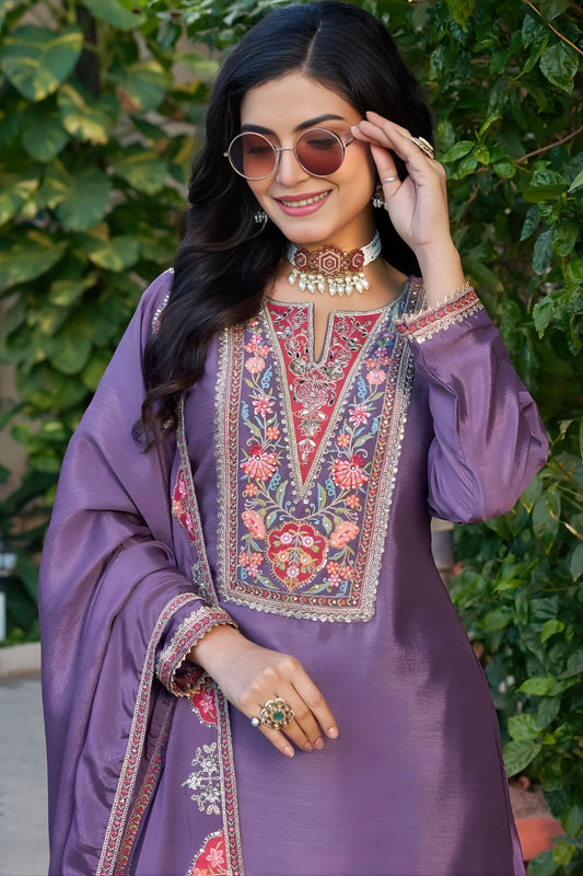 Beautiful Purple Embroidered Crepe Palazzo Suit Set with Dupatta for Women
