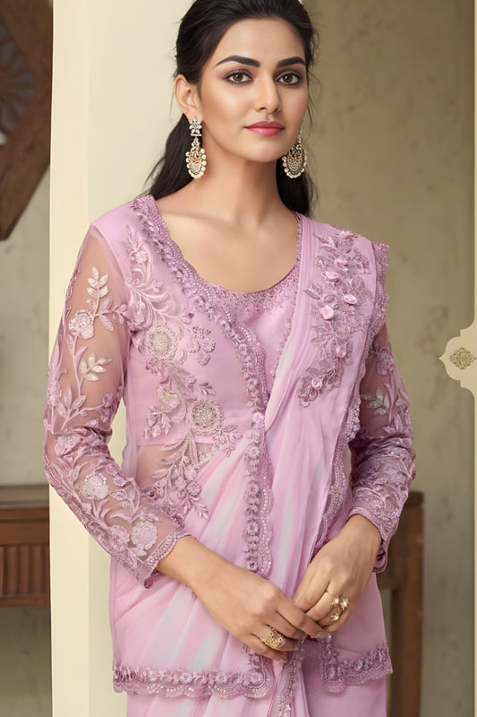 Lavender Net Embroidered Saree with Designer Blouse