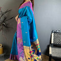 Peacock Blue Soft Silk Saree with Purple Border and Designer Pallu