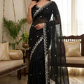 Classic Black Embroidered Georgette Saree with Silver Lace Border 