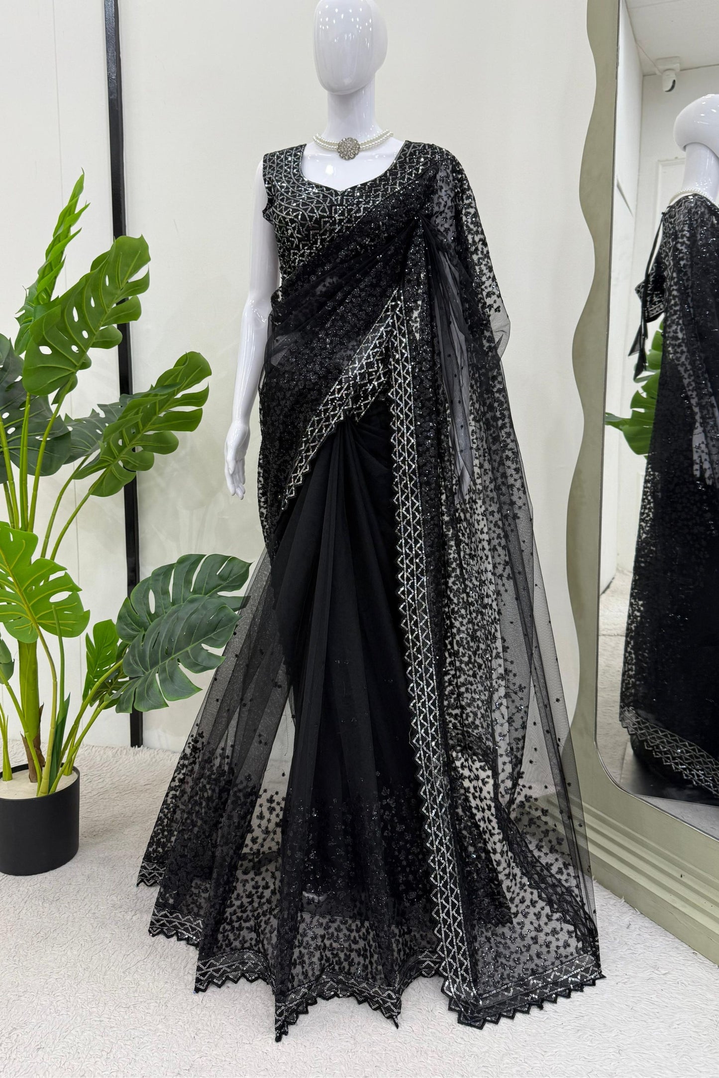 Black Net Saree with Heavy Sequin Embroidery Designer Blouse