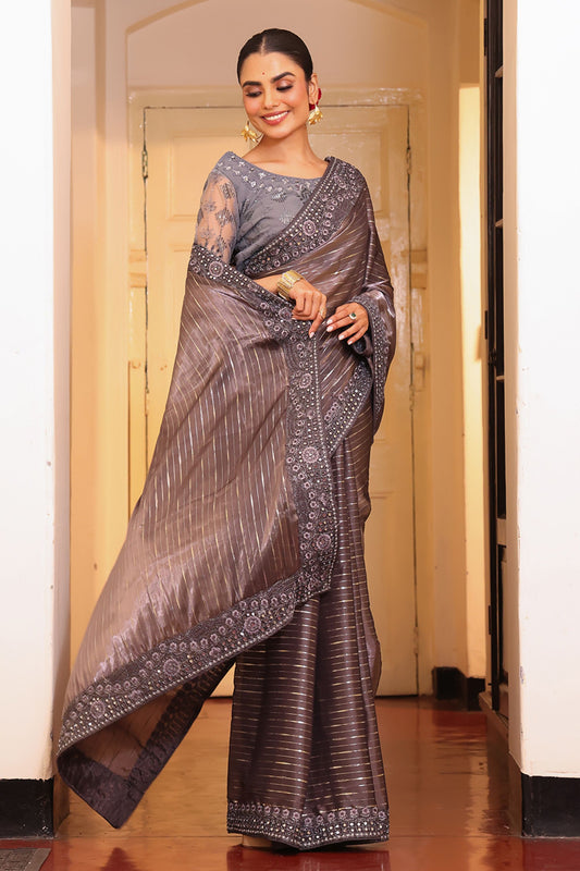 Charcoal Grey Designer Satin Saree with Embroidered Border Net Blouse