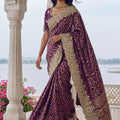 Wine Purple Banarasi Silk Saree Heavy Zari Embroidery Rich Designer Border