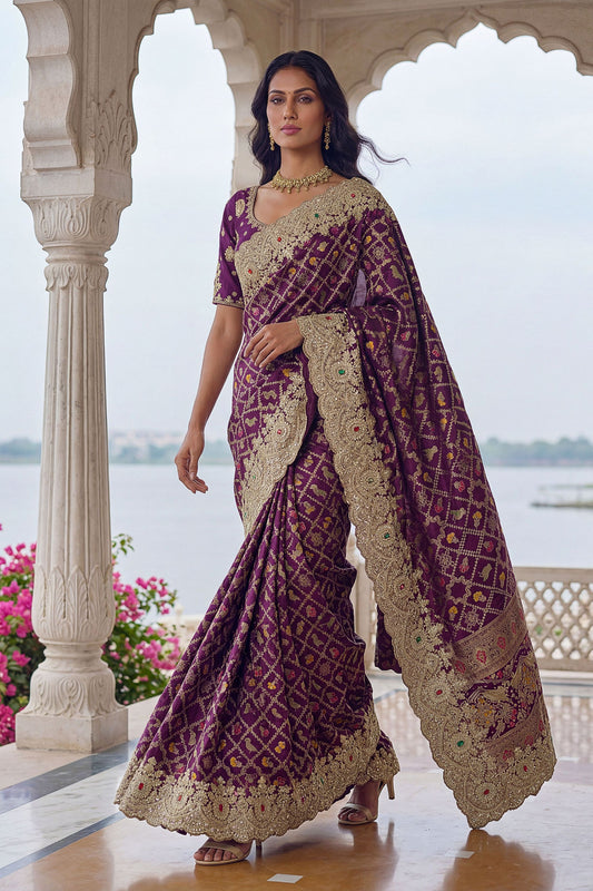 Wine Purple Banarasi Silk Saree Heavy Zari Embroidery Rich Designer Border
