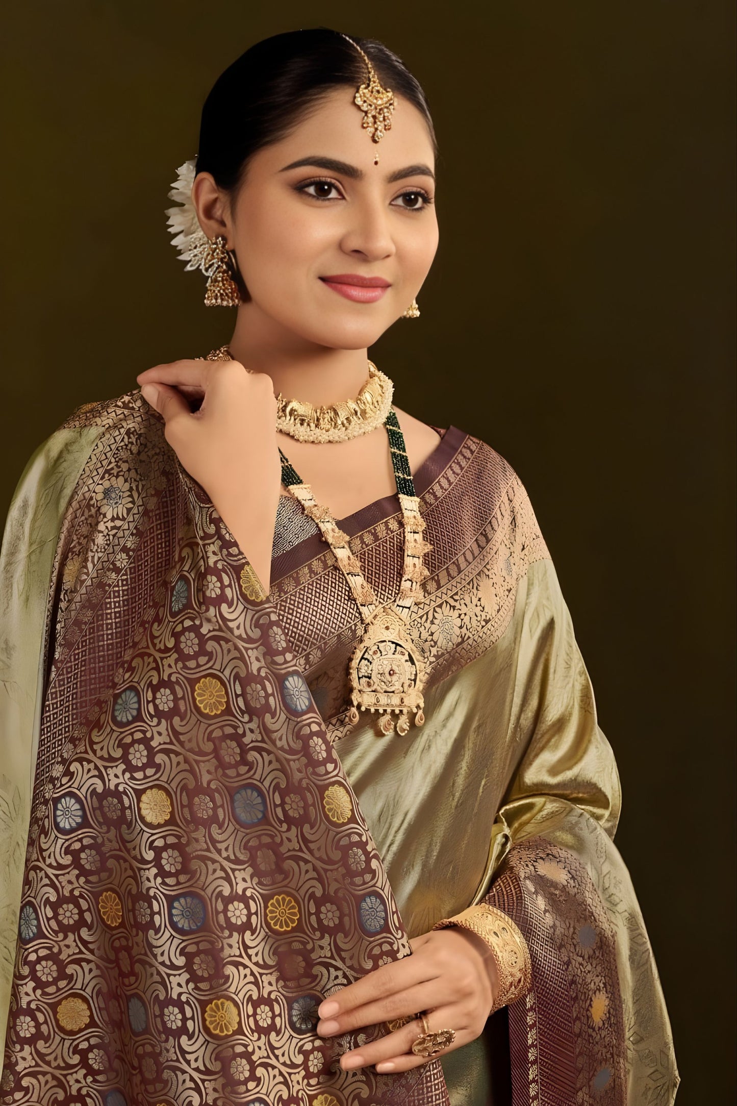 Golden Kanjivaram Silk Saree with Rich Brown Zari Border