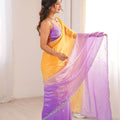 Beautiful Yellow Lavender Ombre Organza Saree Embroidered Border