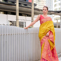 Yellow Banarasi Silk Saree with Pink Woven Border Festive Wear Saree