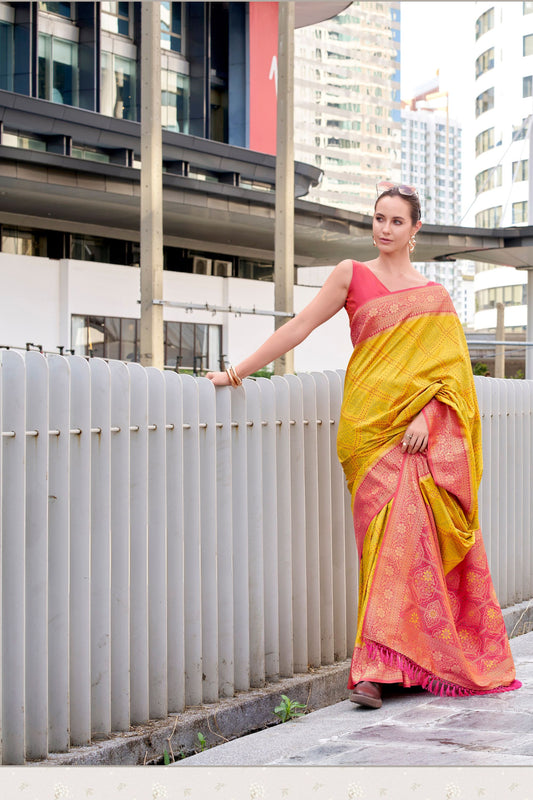 Yellow Banarasi Silk Saree with Pink Woven Border Festive Wear Saree