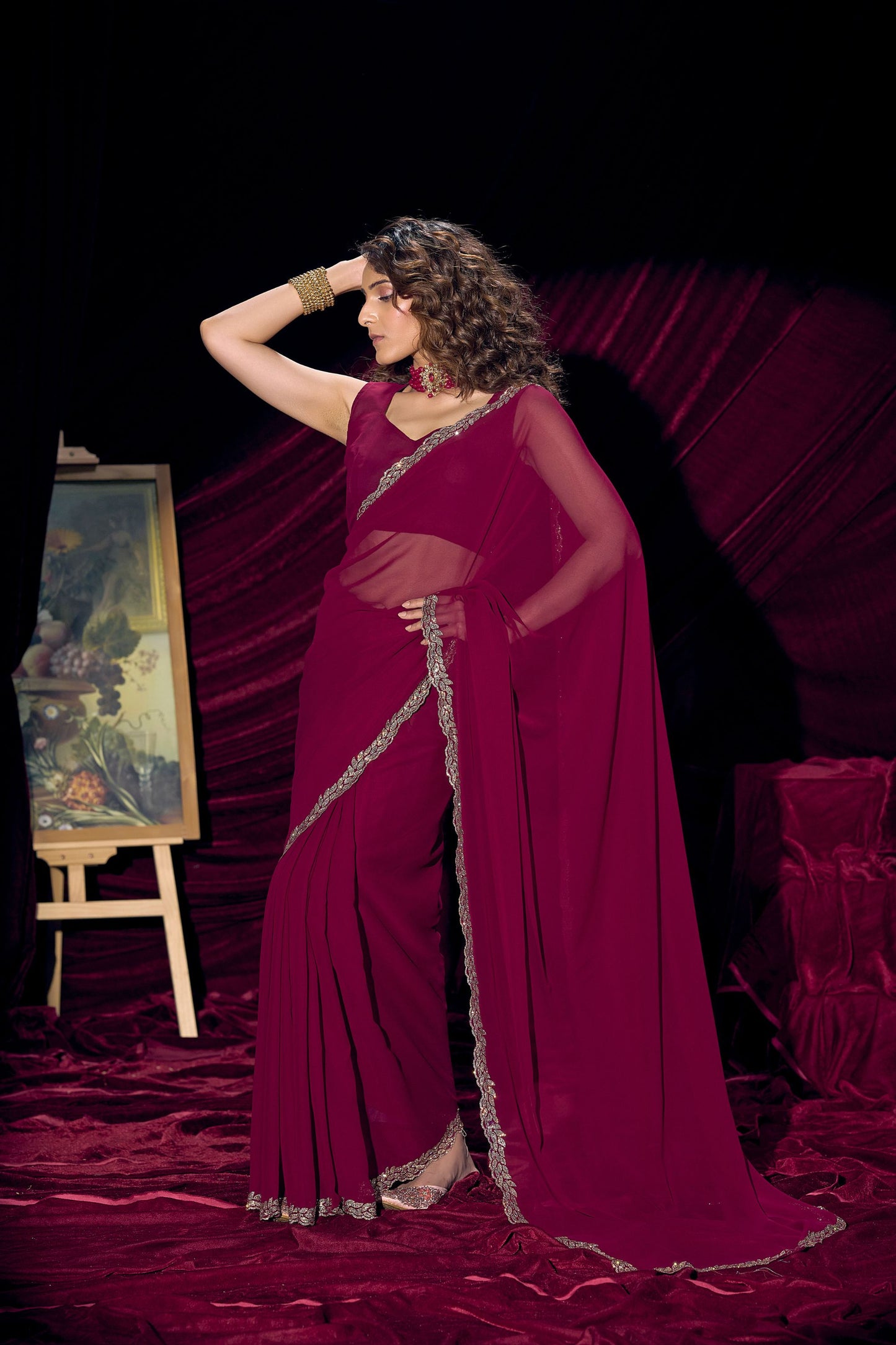 Wine Red Georgette Saree with Embroidered Border Designer Saree