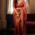 Rust Red Silk Saree with Heavy Embroidered Border Designer Blouse