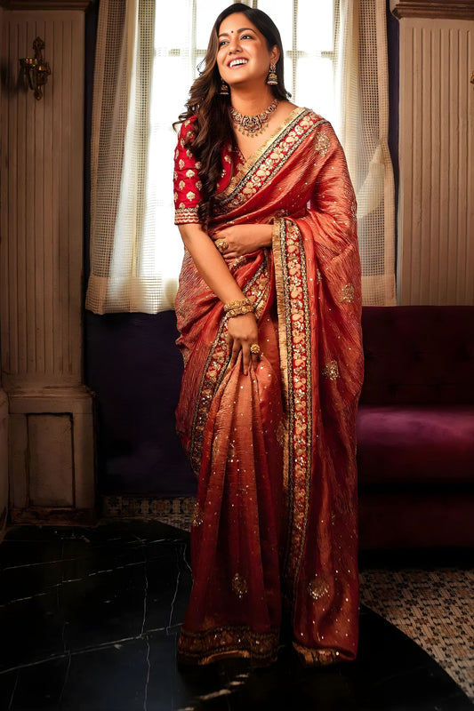 Rust Red Silk Saree with Heavy Embroidered Border Designer Blouse