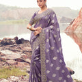 Lavender Silk Saree with Heavy Golden Embroidery Designer Blouse