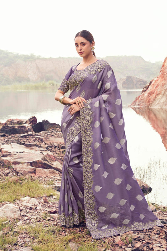 Lavender Silk Saree with Heavy Golden Embroidery Designer Blouse
