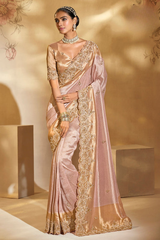  Pink Gold Silk Saree Traditional Festive Wear