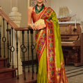 Lime Green Banarasi Silk Saree Floral Woven Border Red Zari Pallu