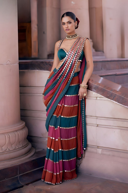Designer Multicolor Georgette Saree Mirror Work Border Stylish Blouse