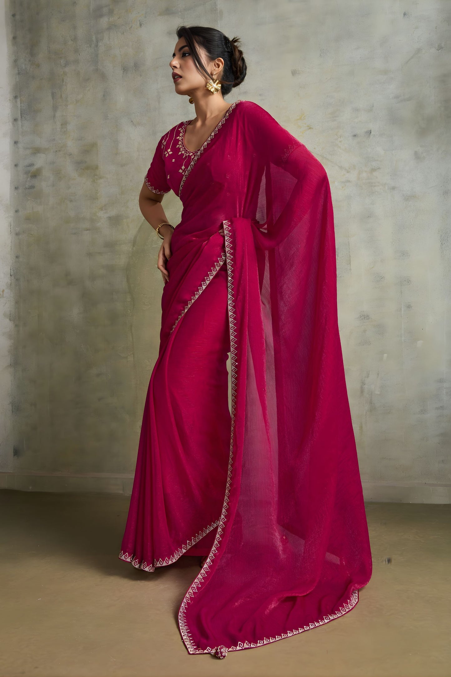 Rani Pink Chiffon Saree with Zari Border Designer Party Wear Saree