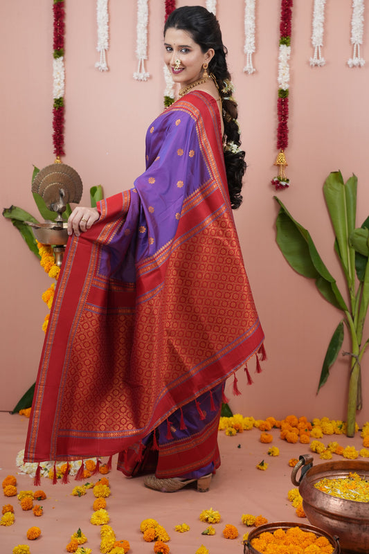 Purple Silk Saree with Red Woven Border and Traditional Design